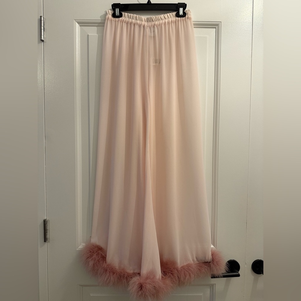 SLEEPER Fluffy You Sheer Pajama Pants With Turkey Feather Trim M - Picture 3 of 9